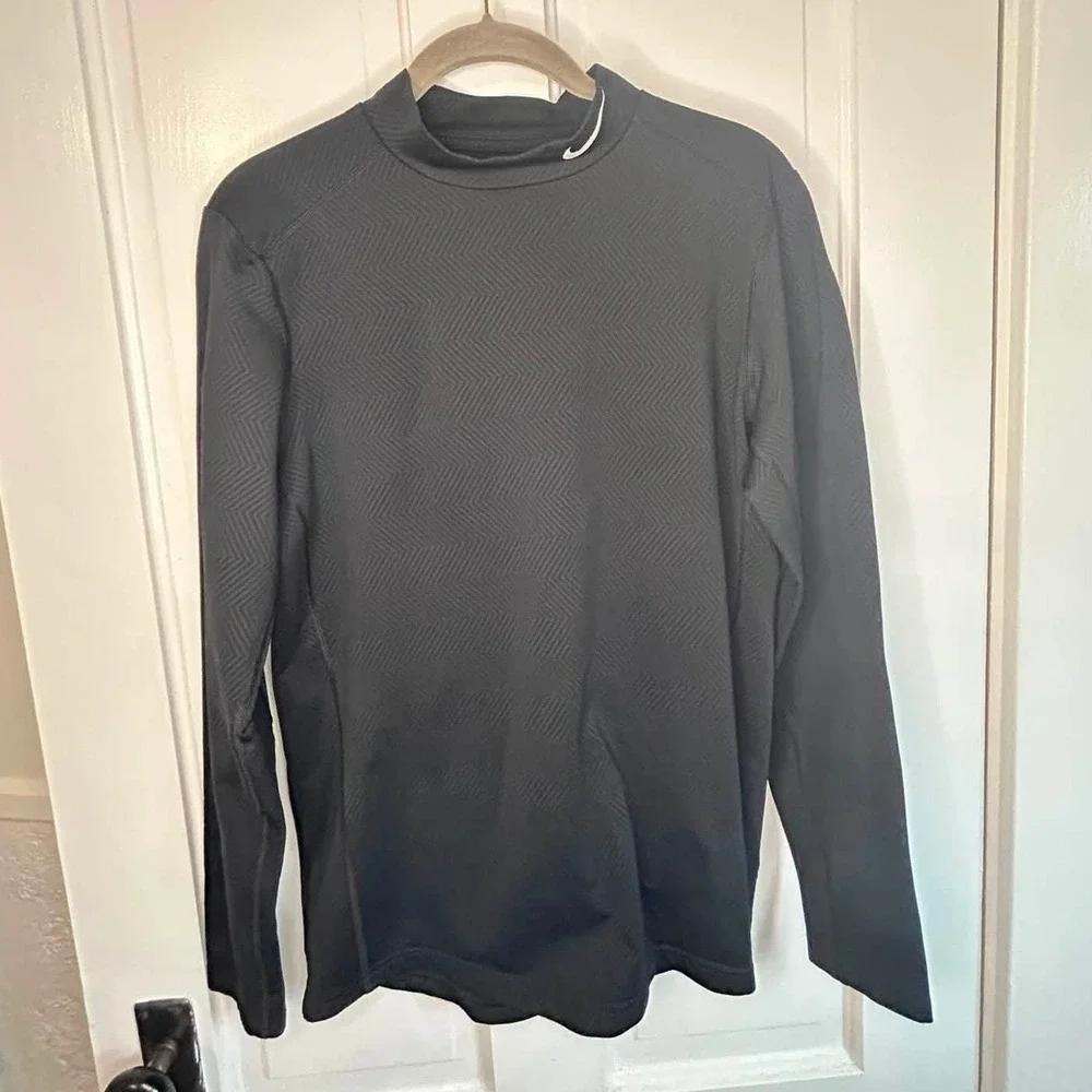Nike Dri-FIT Mock Neck Shirt Mens M Black Excellent Chevron Pattern Long Sleeve
